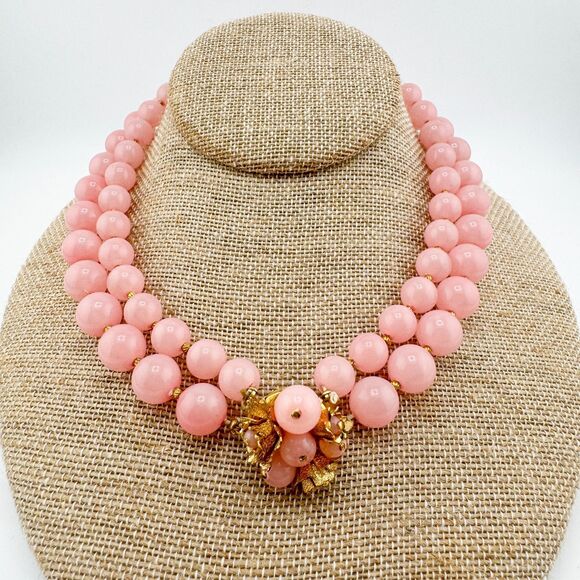 Vintage Pink Lucite Bead Necklace – Double Strand Retro Bubblegum Glam Barbie - Picture 1 of 11